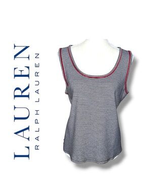 Lauren Ralph Lauren Navy & White Striped Tank Red Trim Plus Size Casual Classic